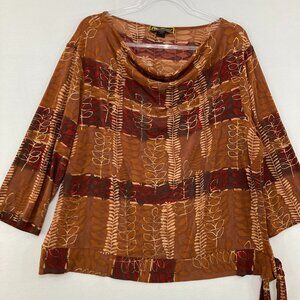 Mirasol size 2X Brown Leaf Artsy Print Slinky Knit Stretch Tie Hem Boho Top